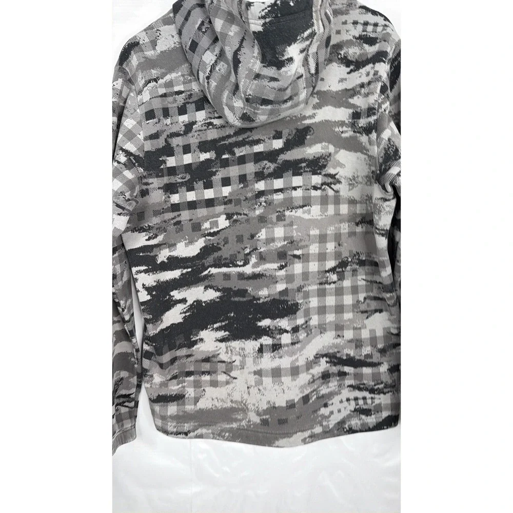 Adidas Mens Camo Plaid Hoodie Grey Black Fleece Pullover Medium